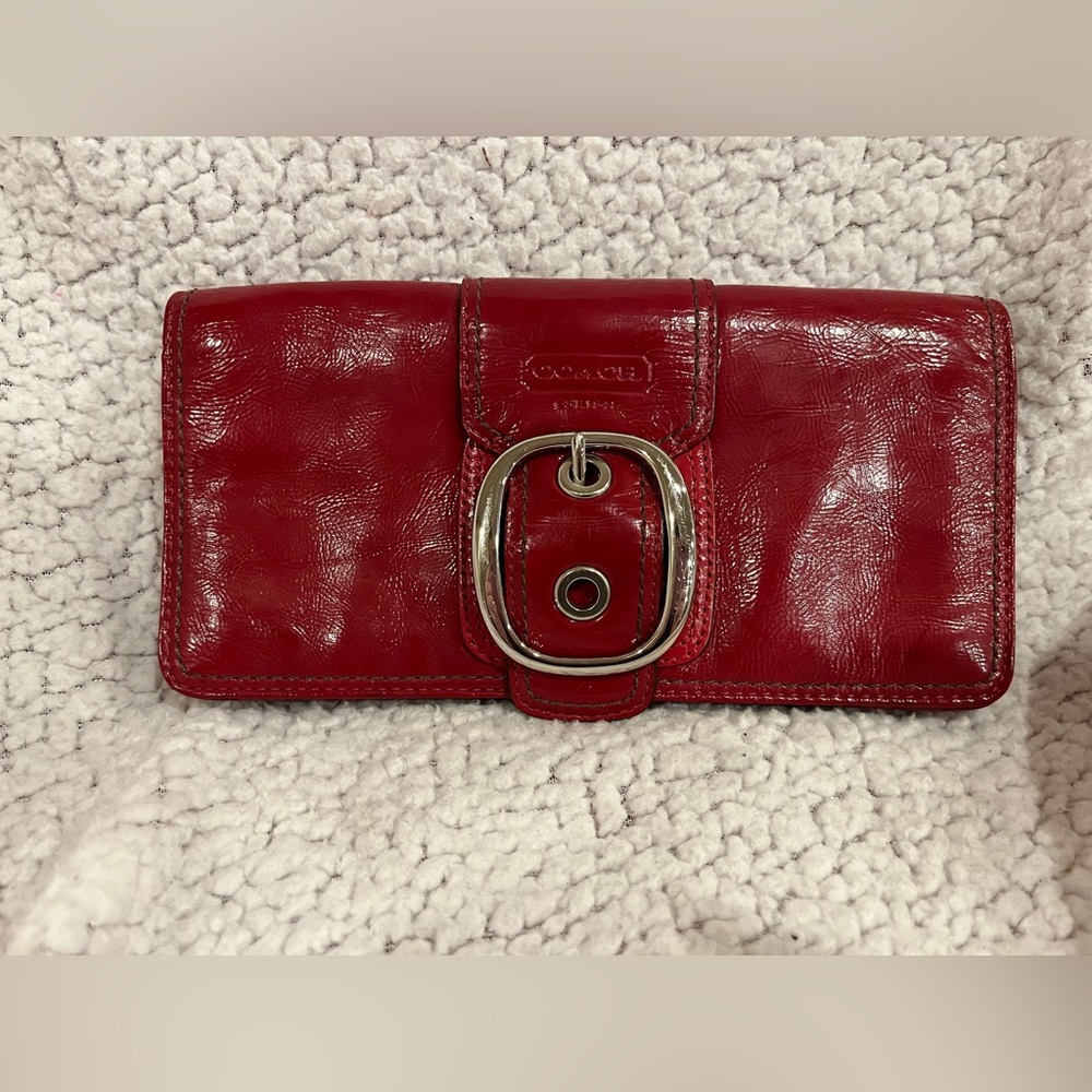 Coach Cherry Leather Wallet with Metallic Buckle